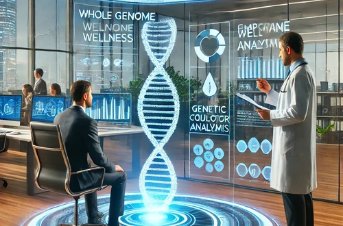DALL·E 2025-02-03 115201 - A futuristic corporate wellness program offering whole genome analysis as an employee benefit A modern office setting where a business professional i